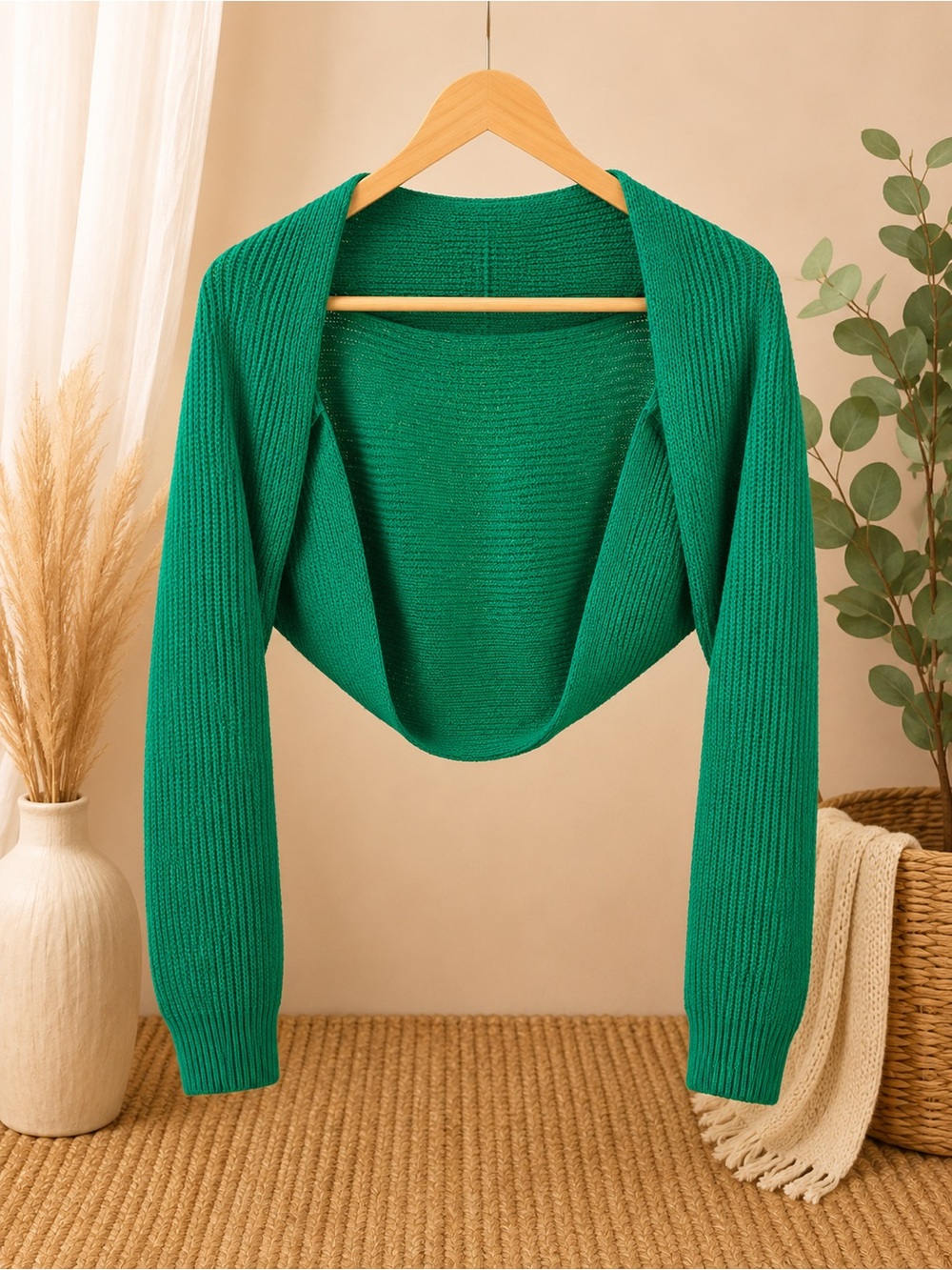NWOT Amazon Green Cropped Open-Front Knit Bolero